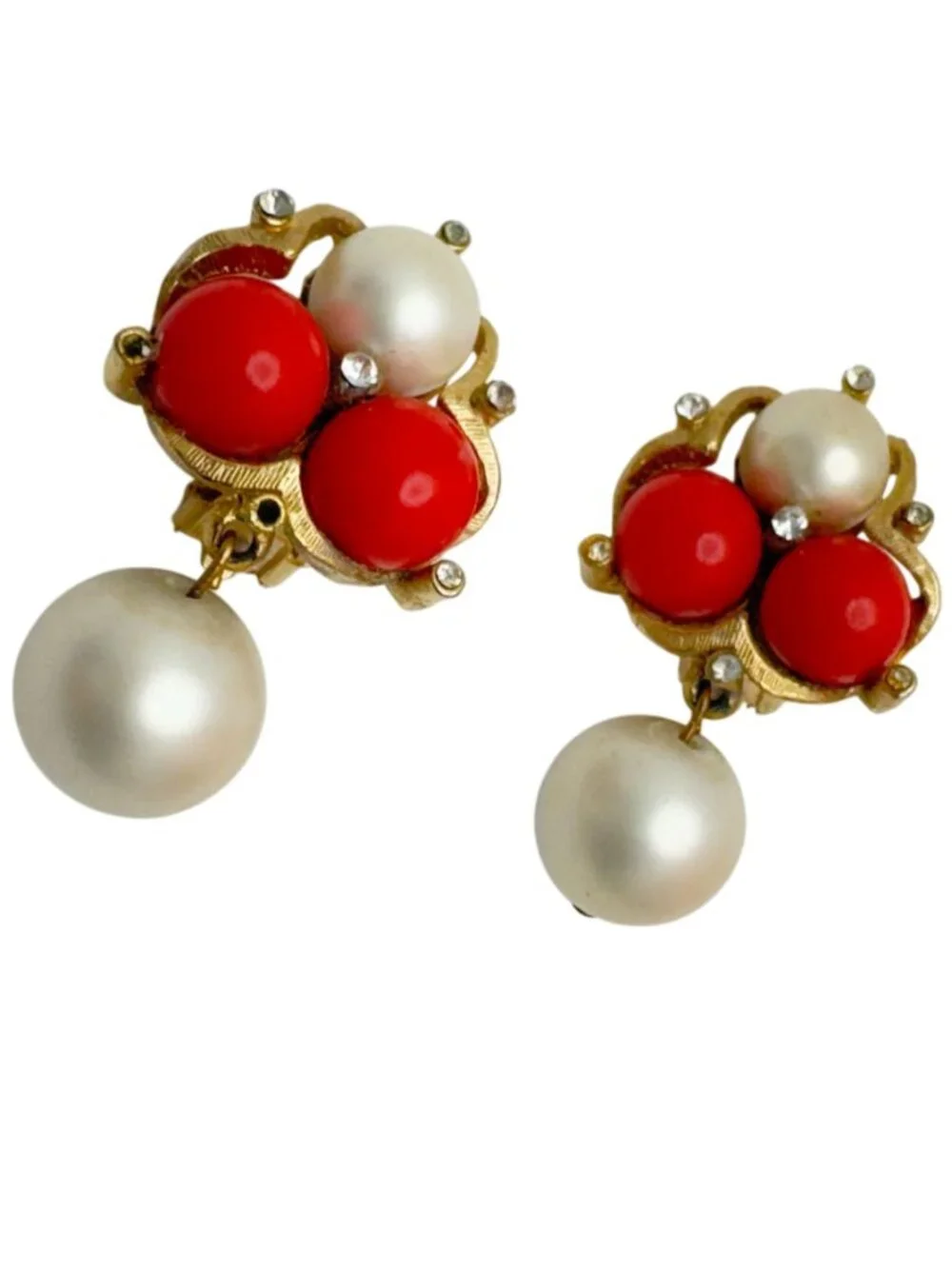 Vtg Gold-Tone Clip-On Earrings Red & White Beads Rhinestones Dangle Design - Picture 2 of 8